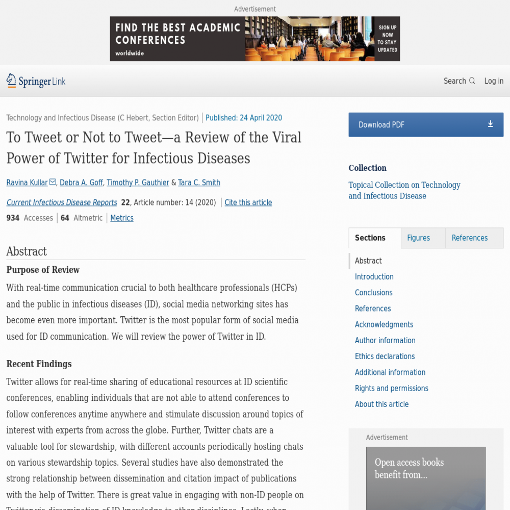 A healthcare social media research article published in Current Infectious Disease Reports, April 24, 2020