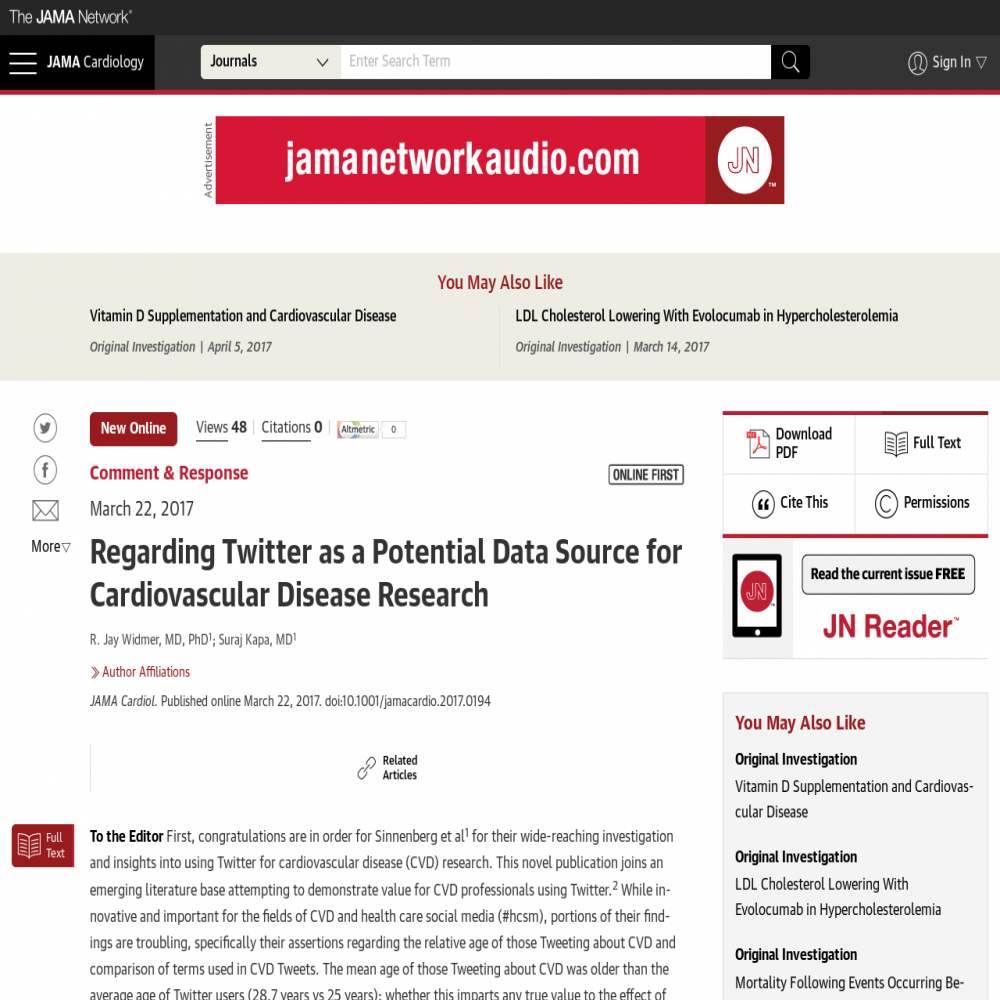A healthcare social media research article published in JAMA Cardiology, July 1, 2017